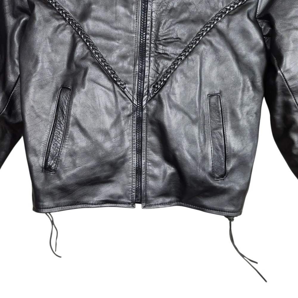 Antelope Creek Vintage Black Leather Moto Riding Jacket Braided HD Womens Size M